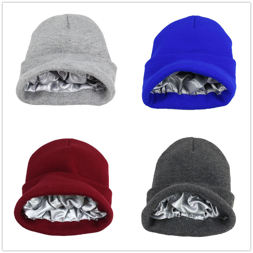 Beanie Cuffed Knit - Unisex Satin Lined Knit Beanie Hat